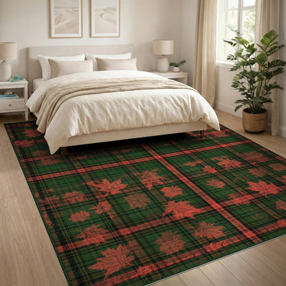 Green Plaid Maple Leaf Washable Area Rug