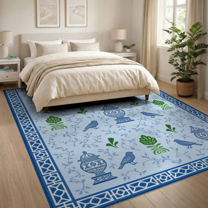Blue Floral Vintage Area Rug with Urns and Birds