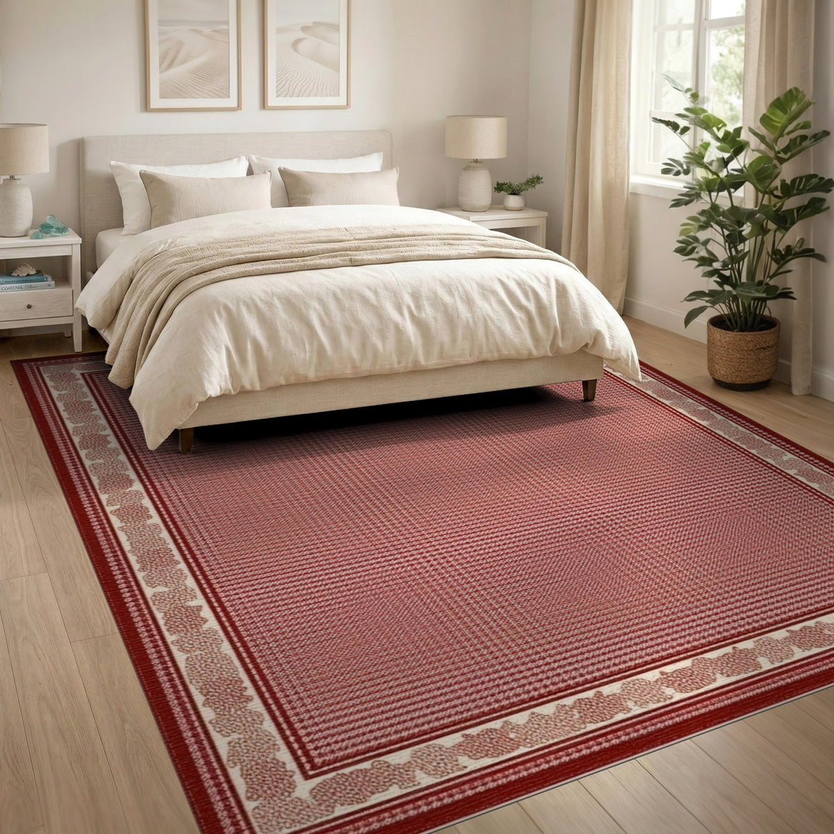 Red Traditional Persian Area Rug with Ornate Border