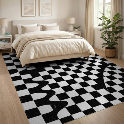 Black White Geometric Checkerboard Wave Area Rug
