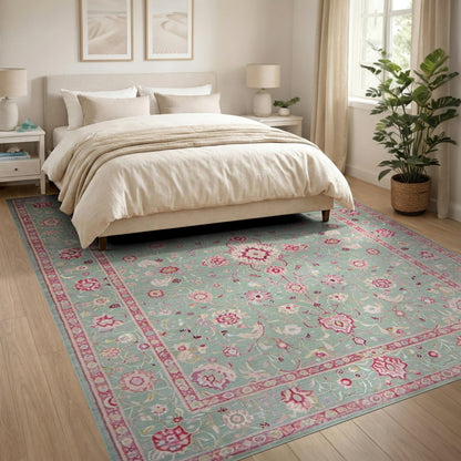 Mint Green Pink Floral Vintage Area Rug