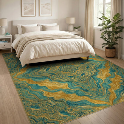 Gold Teal Gold Persian Medallion Area Rug
