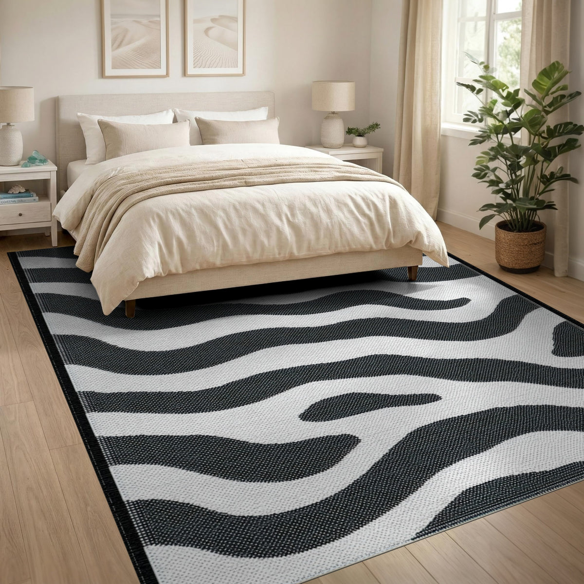 Black and White Geometric Modern Black White Wavy Stripe Area Rug
