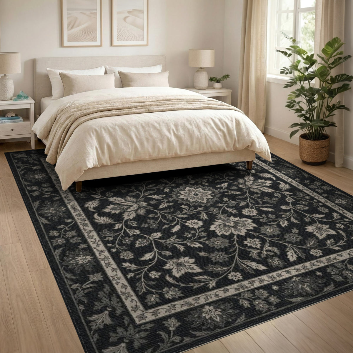 Black and White Floral Vintage Area Rug