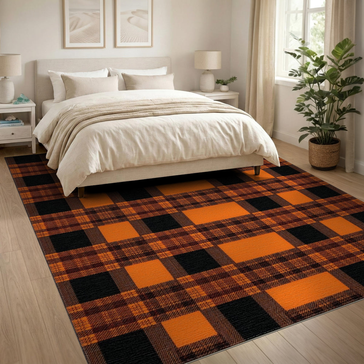 Orange Black Plaid Geometric Area Rug