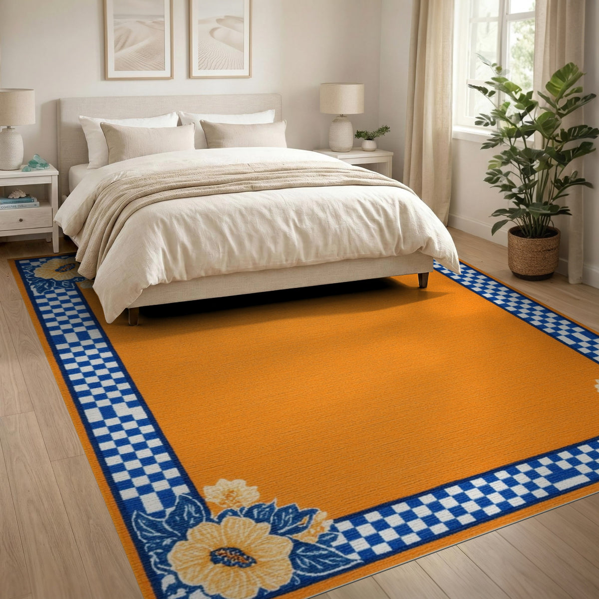 Orange Floral Checkered Area Rug