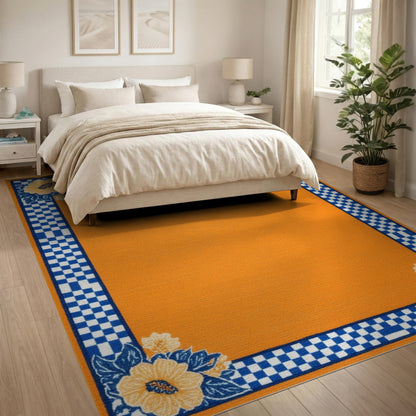 Orange Floral Checkered Area Rug