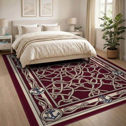 Coastal Beach Red Nautical Anchor Rope Area Rug