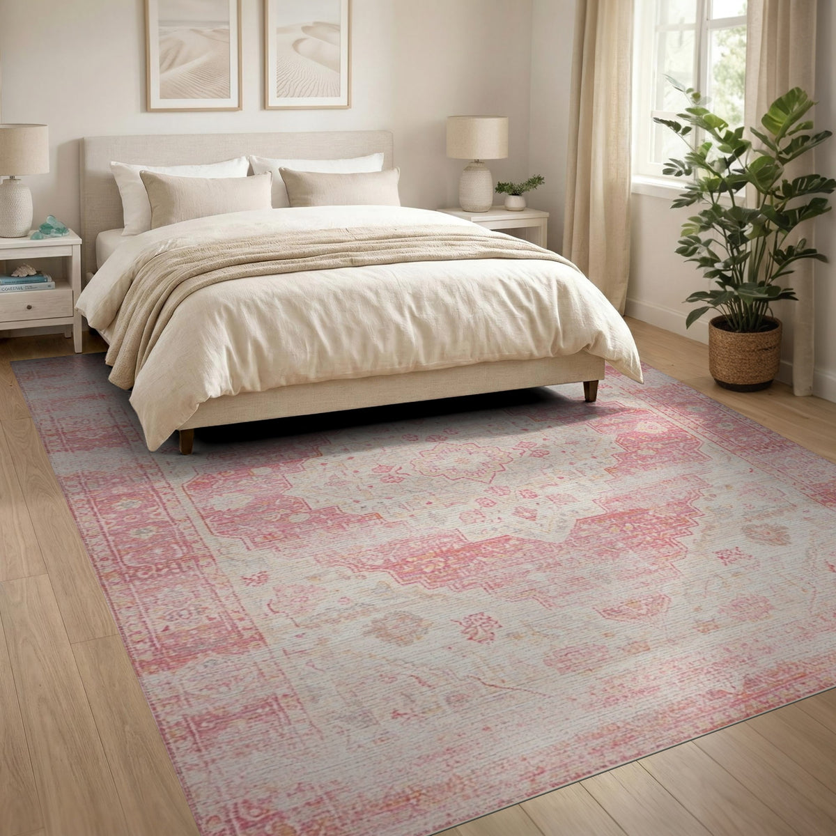 Pink Distressed Vintage Medallion Pink Area Rug
