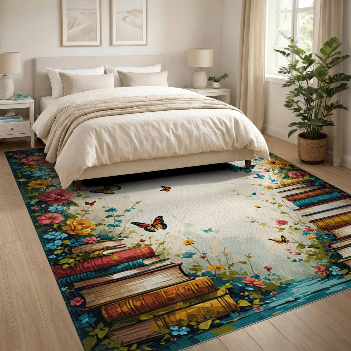 Vintage Floral Books Butterfly Area Rug