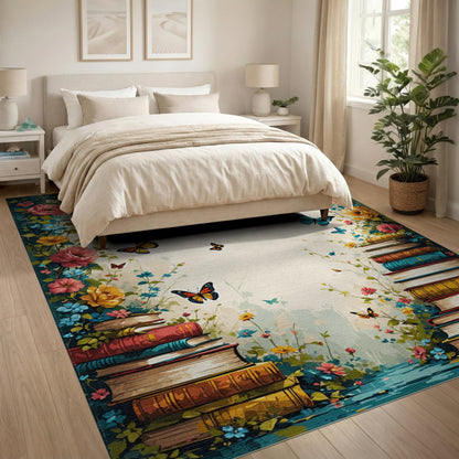 Vintage Floral Books Butterfly Area Rug