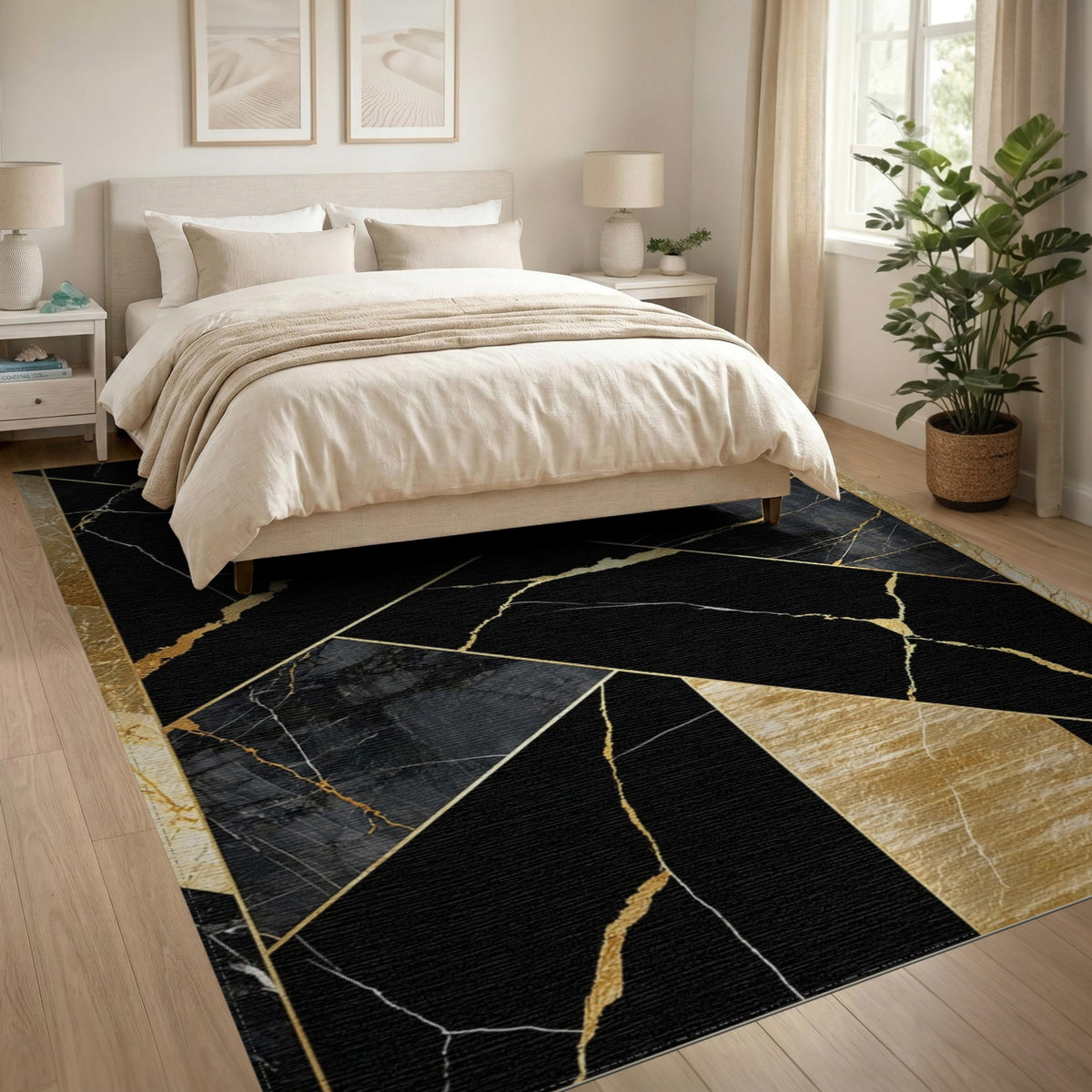 Black and White Black Gold Geometric Marble Area Rug
