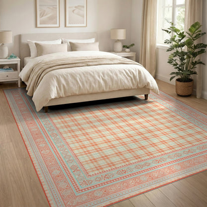 Orange Gingham Area Rug with Teal Border