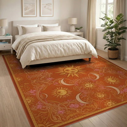 Floral Vintage Red Celestial Sun Moon Floral Area Rug