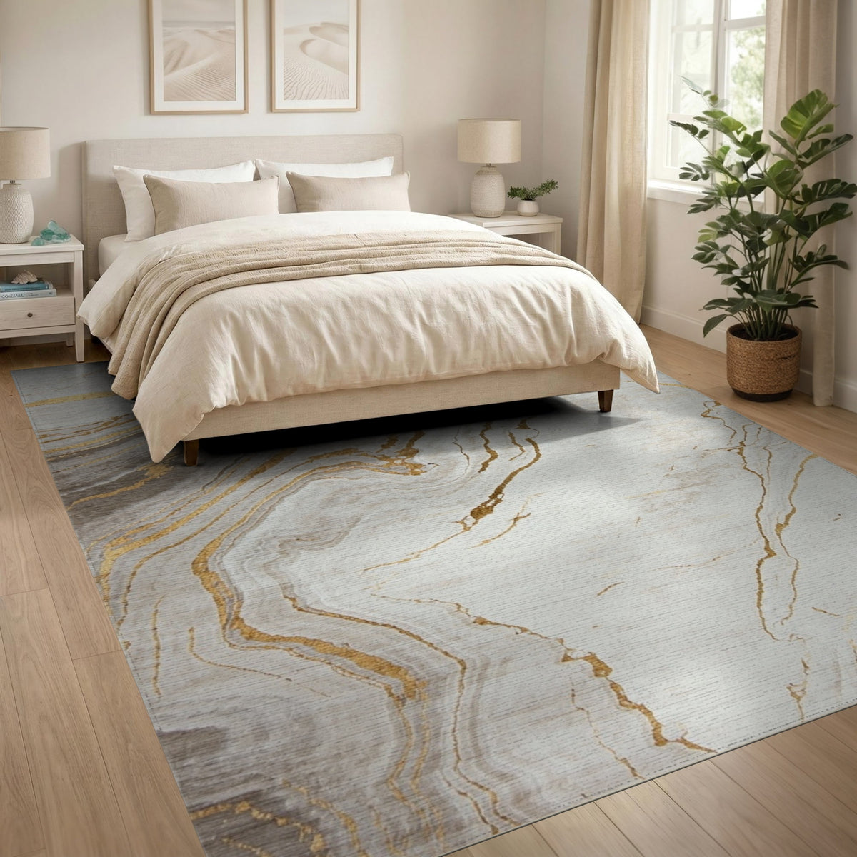 White Gold Marble Swirl Area Rug