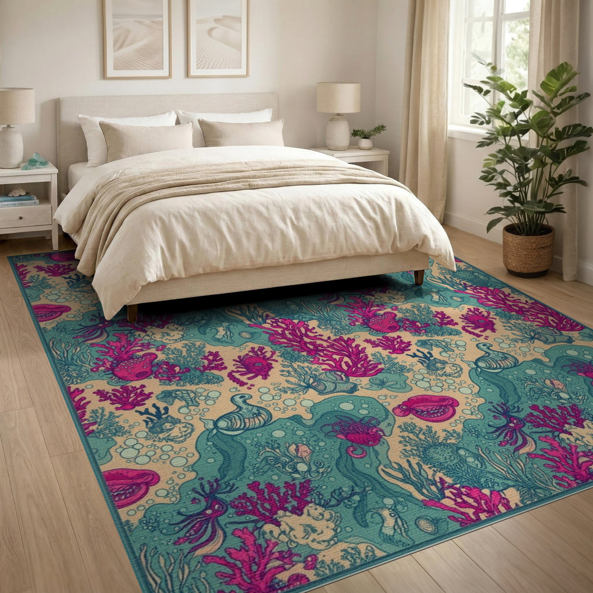 Pink Coral Teal Ocean Life Washable Area Rug