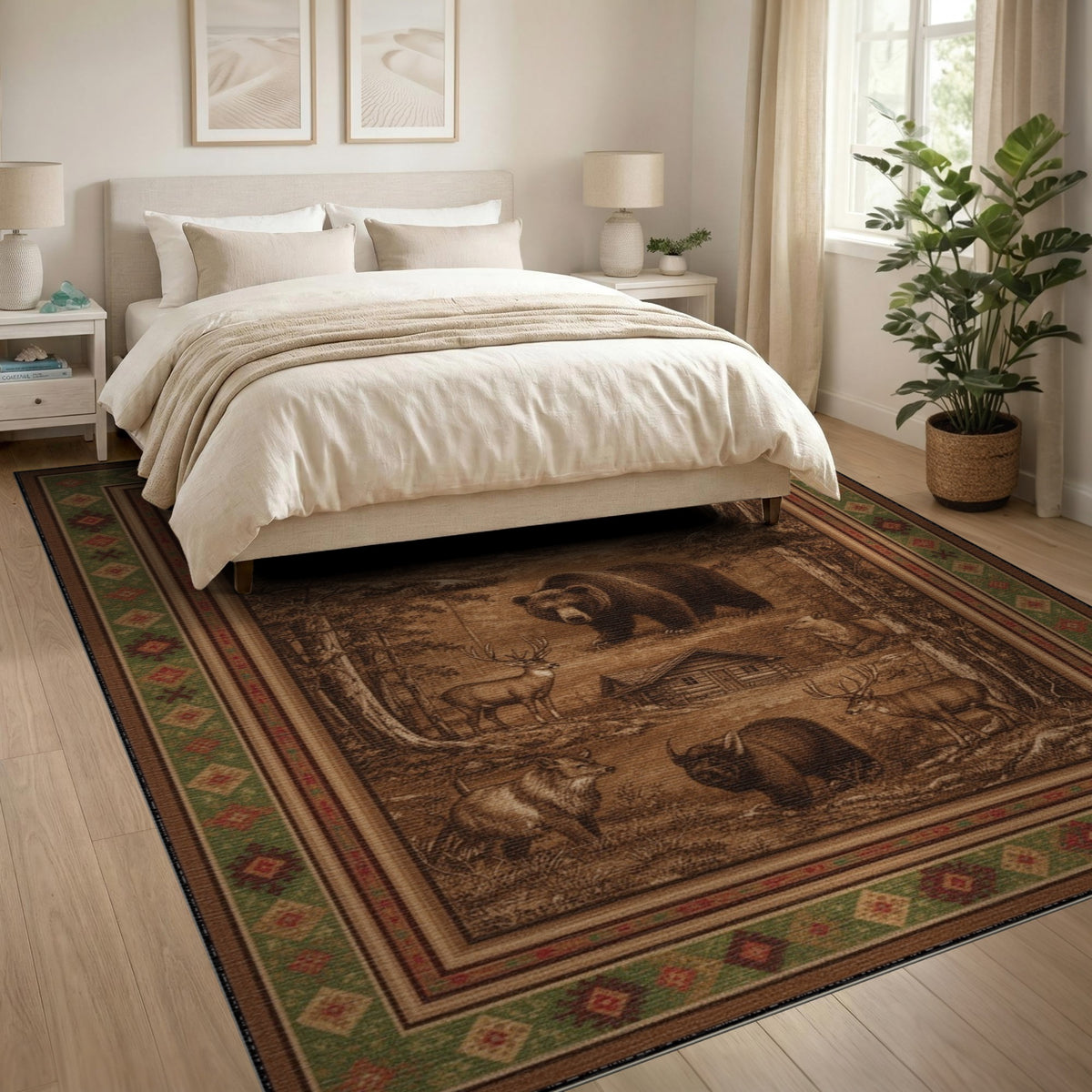 Rustic Wildlife Bear Deer Forest Area Rug