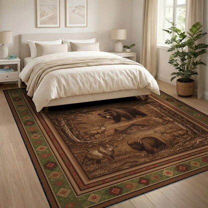 Rustic Wildlife Bear Deer Forest Area Rug