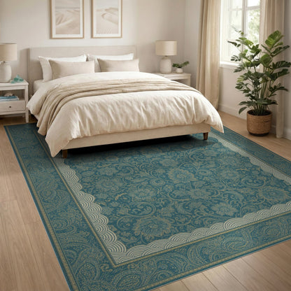 Floral Vintage Blue and Teal Floral Vintage Area Rug