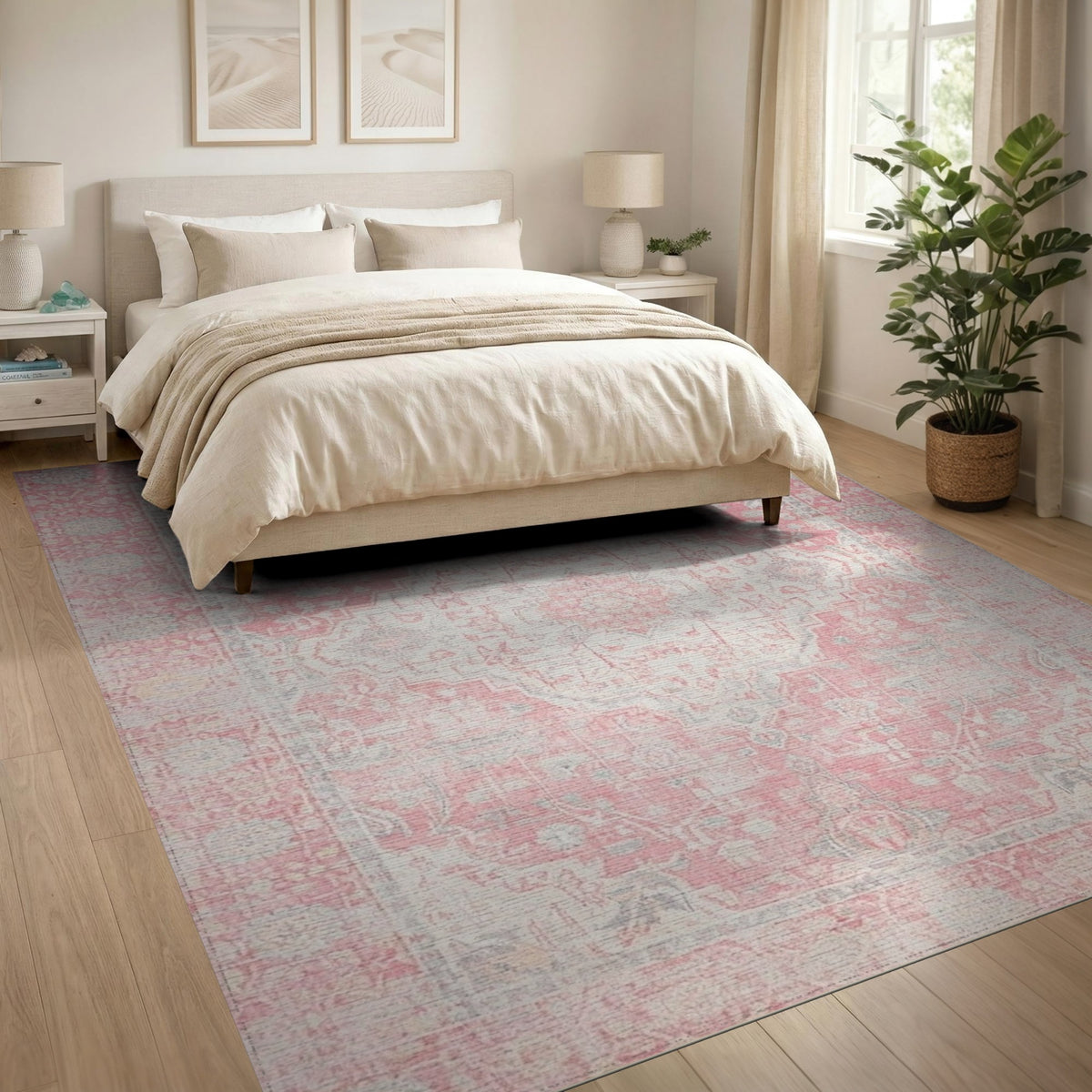 Pink Distressed Vintage Floral Distressed Vintage Area Rug