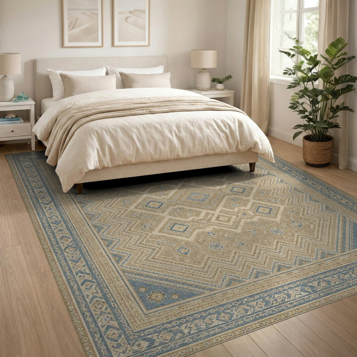 Distressed Blue Geometric Vintage Area Rug
