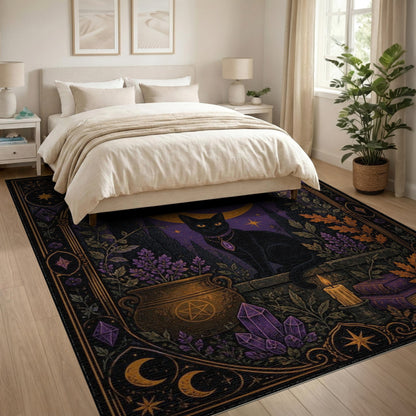 Mystical Black Cat Purple Moon Area Rug