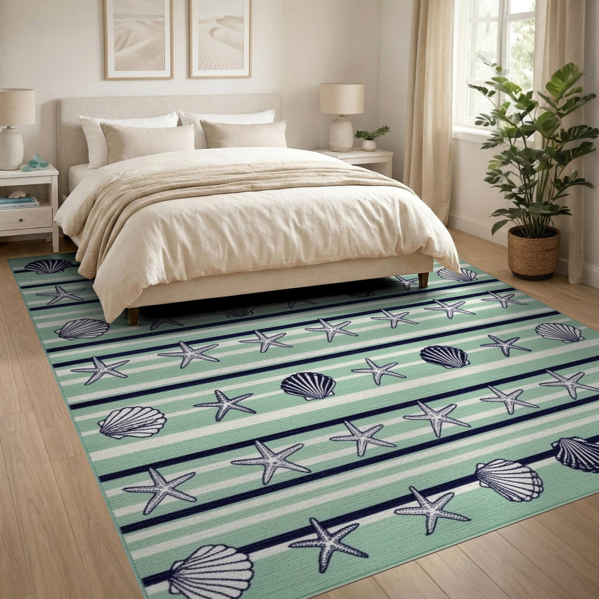 Mint Green Seashell Starfish Coastal Area Rug