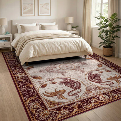Vintage World Map Red Gold Creatures Area Rug