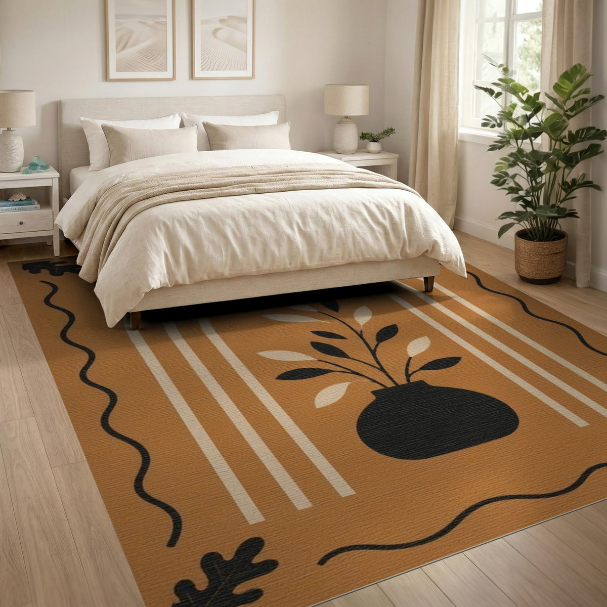 Orange Boho Vase Leaf Area Rug