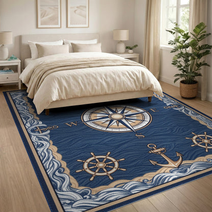 Coastal Beach Blue Nautical Compass Anchor Area Rug