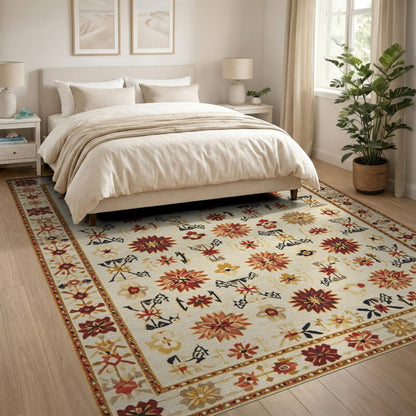 Beige and Neutral Beige Vintage Floral Medallion Area Rug