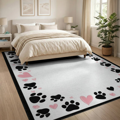 Black Paw Print Pink Heart Kids Rug