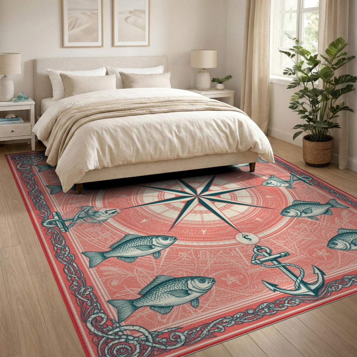 Coastal Beach Red Nautical Compass Anchor Area Rug