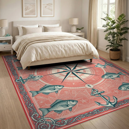 Coastal Beach Red Nautical Compass Anchor Area Rug
