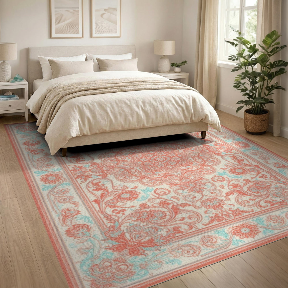 Coral and Teal Floral Medallion Area Rug