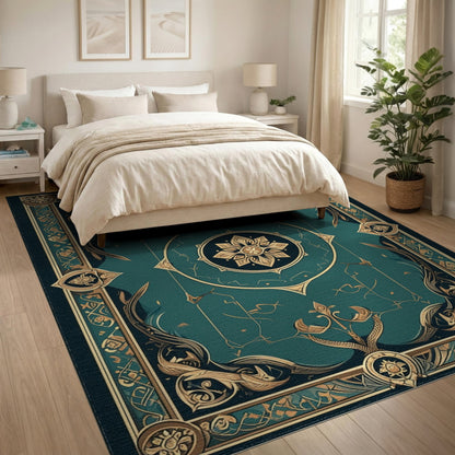 Blue and Teal Gold Persian Medallion Area Rug