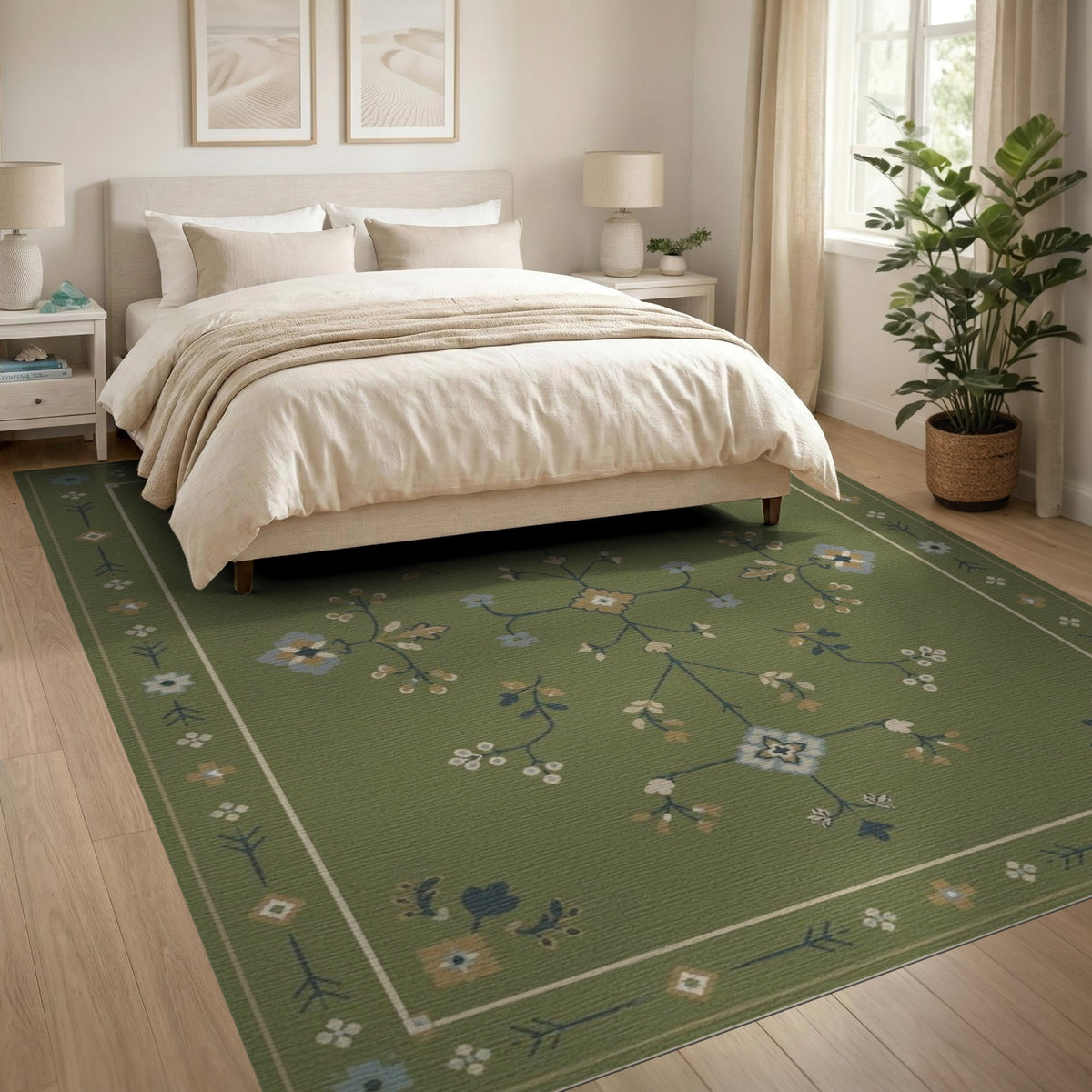 Green Floral Vintage Area Rug