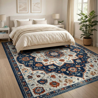 Blue and Teal Blue Floral Persian Medallion Area Rug
