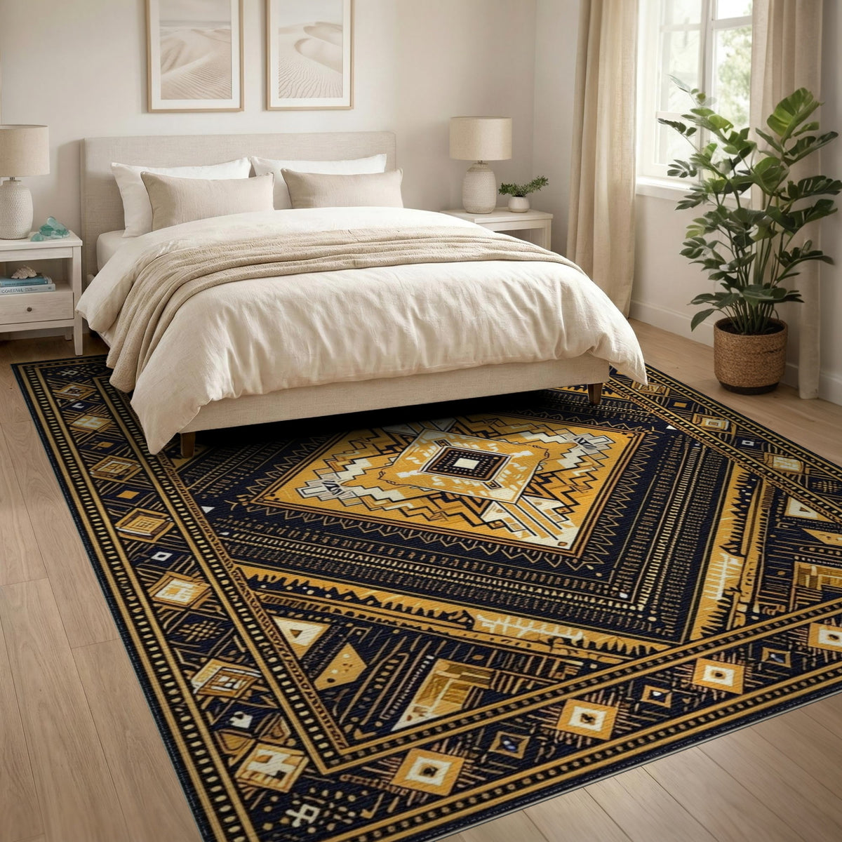 Black Gold Tribal Diamond Area Rug