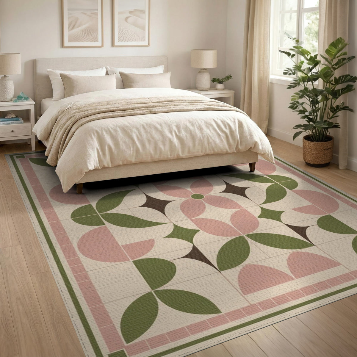 Pink Geometric Leaf Area Rug