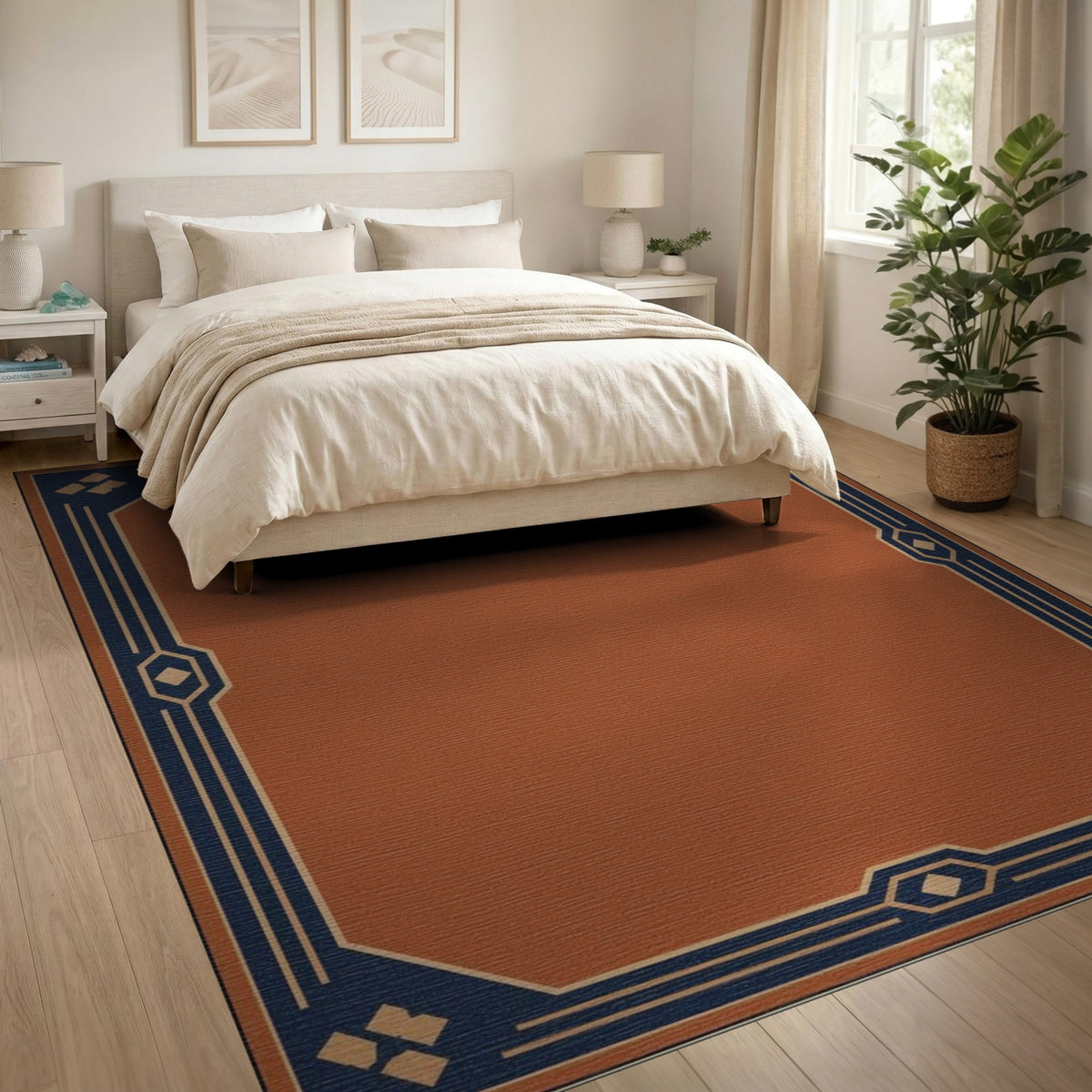 Terracotta Orange Navy Geometric Border Rug