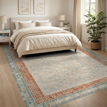 Beige Mosaic Tile Area Rug with Terracotta Border