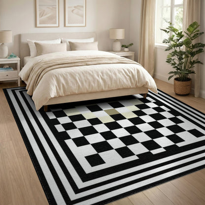 Black White Geometric Checkered Black and White Area Rug