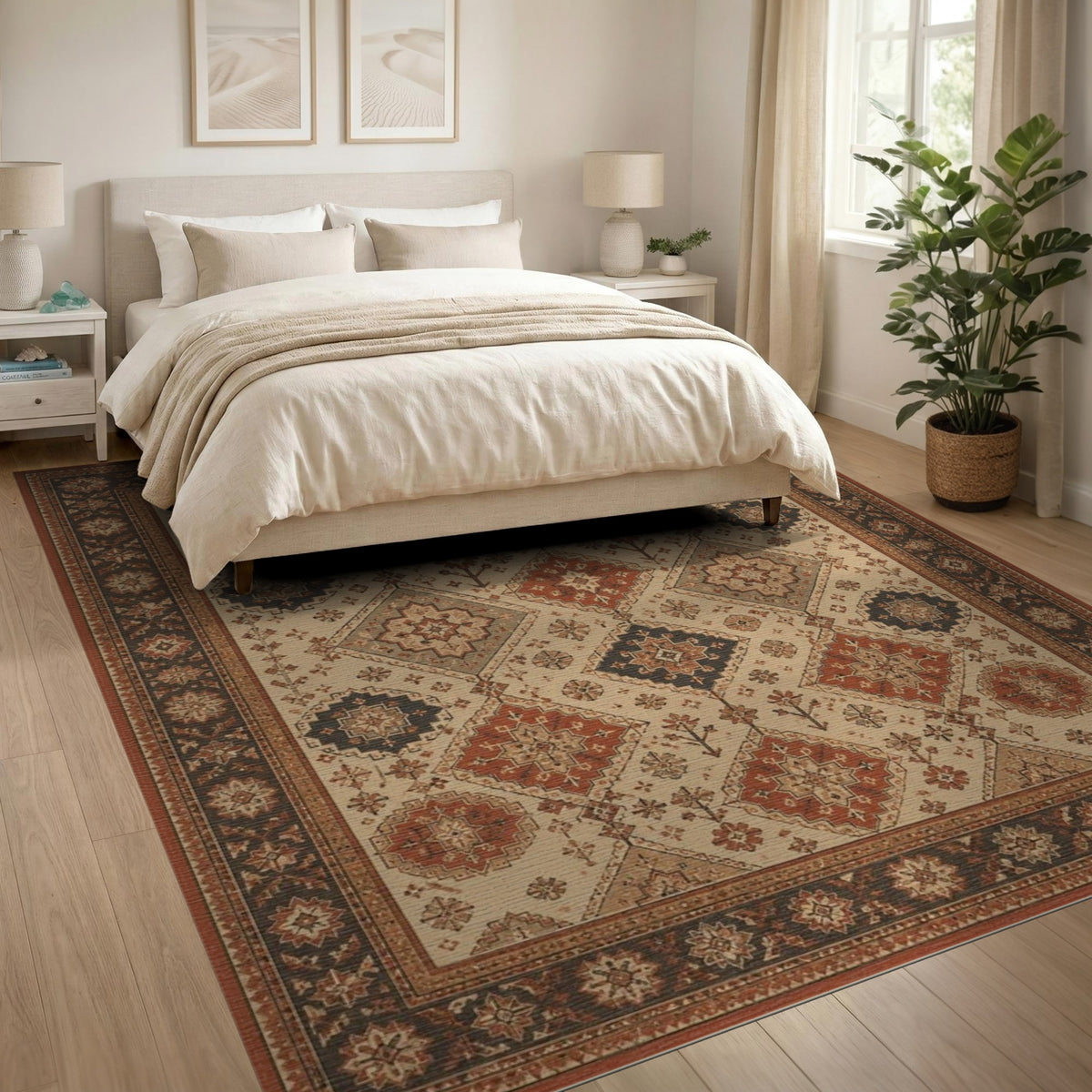 Brown and Tan Traditional Persian Red Medallion Area Rug