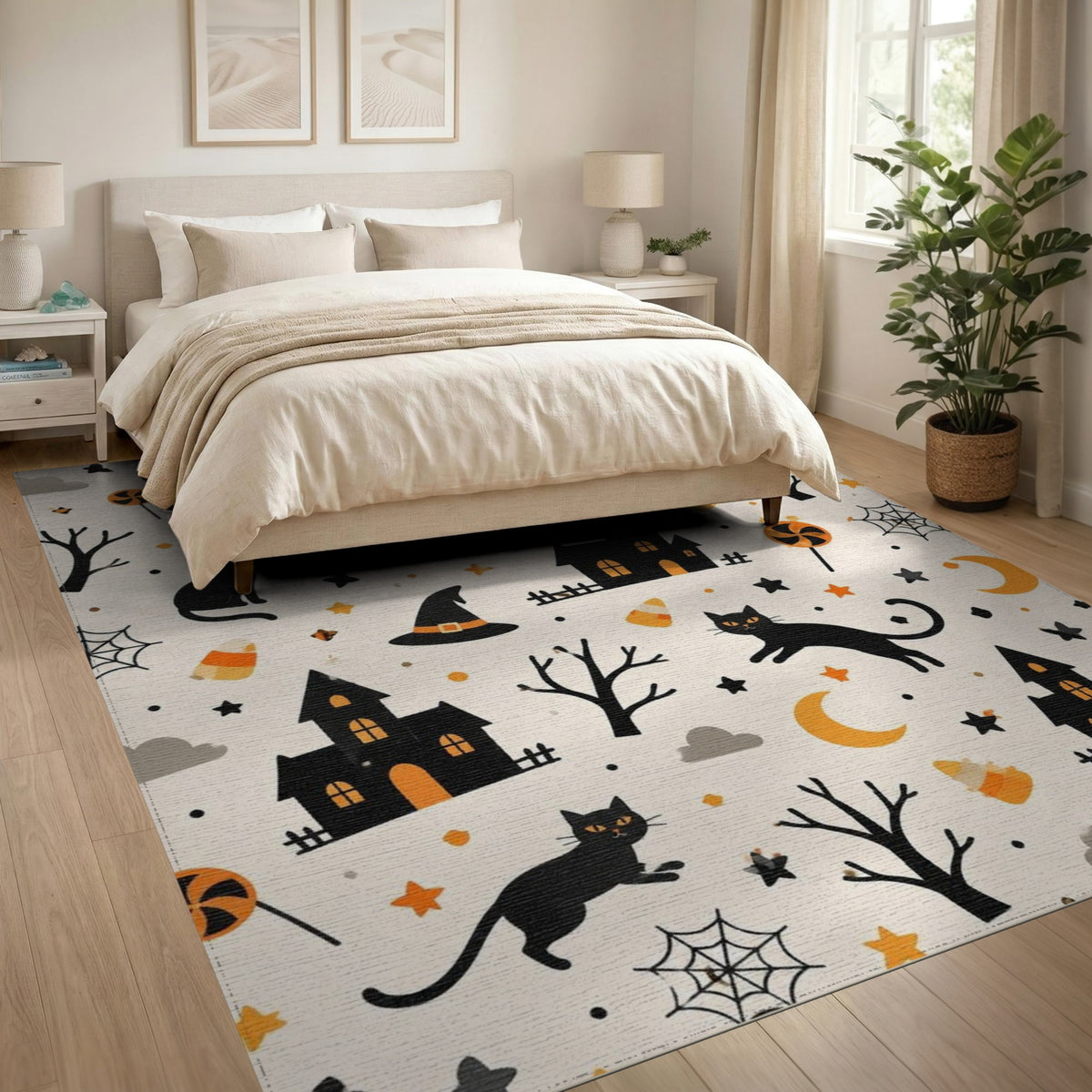 Multi-color and Patterns Spooky Black Cat Halloween Area Rug