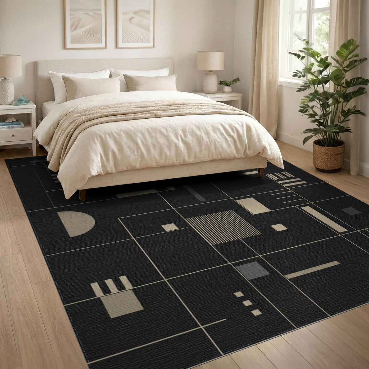 Black and White Modern Geometric Black Area Rug