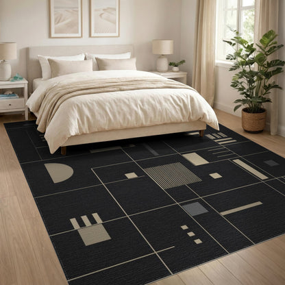 Black and White Modern Geometric Black Area Rug
