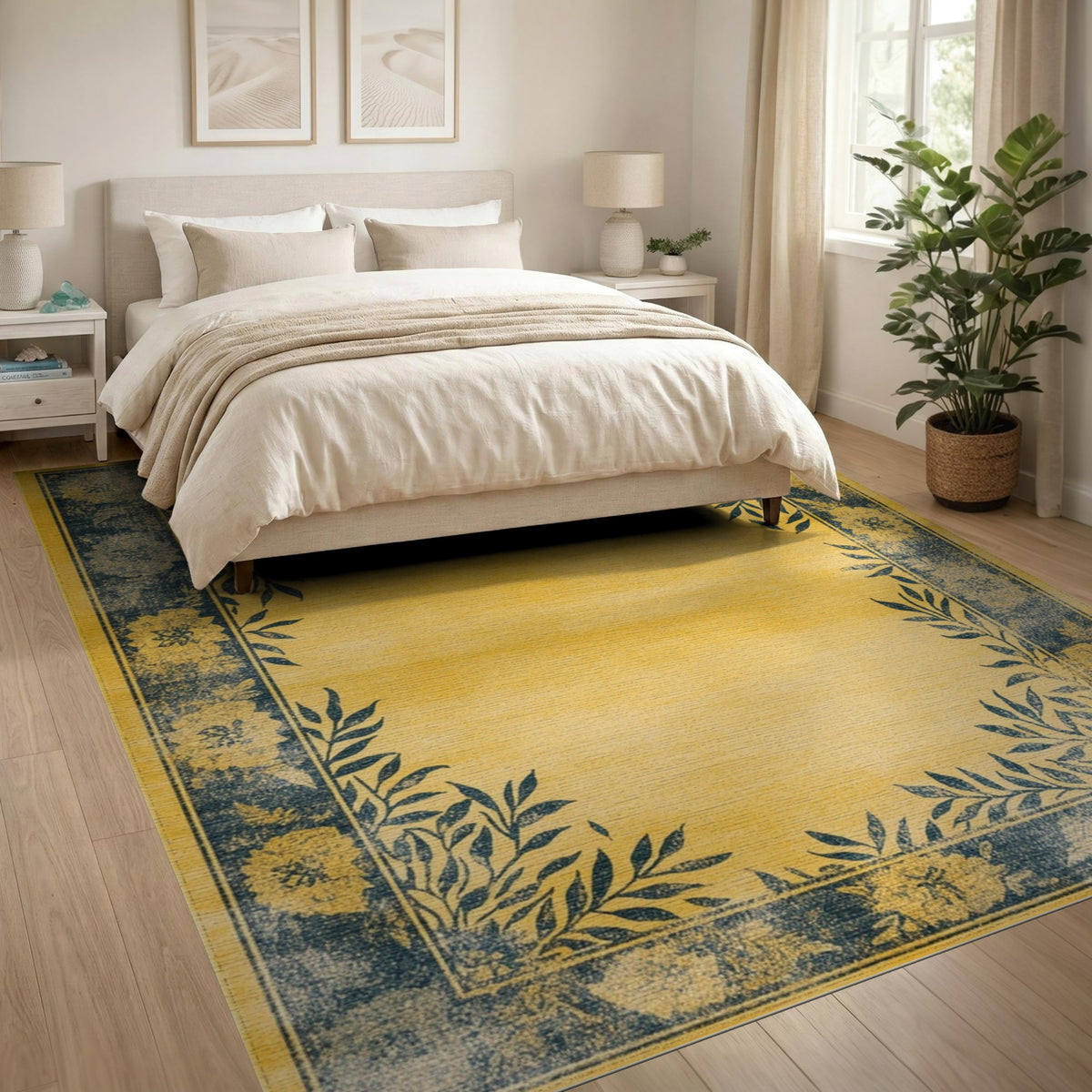 Yellow Floral Vintage Distressed Rug