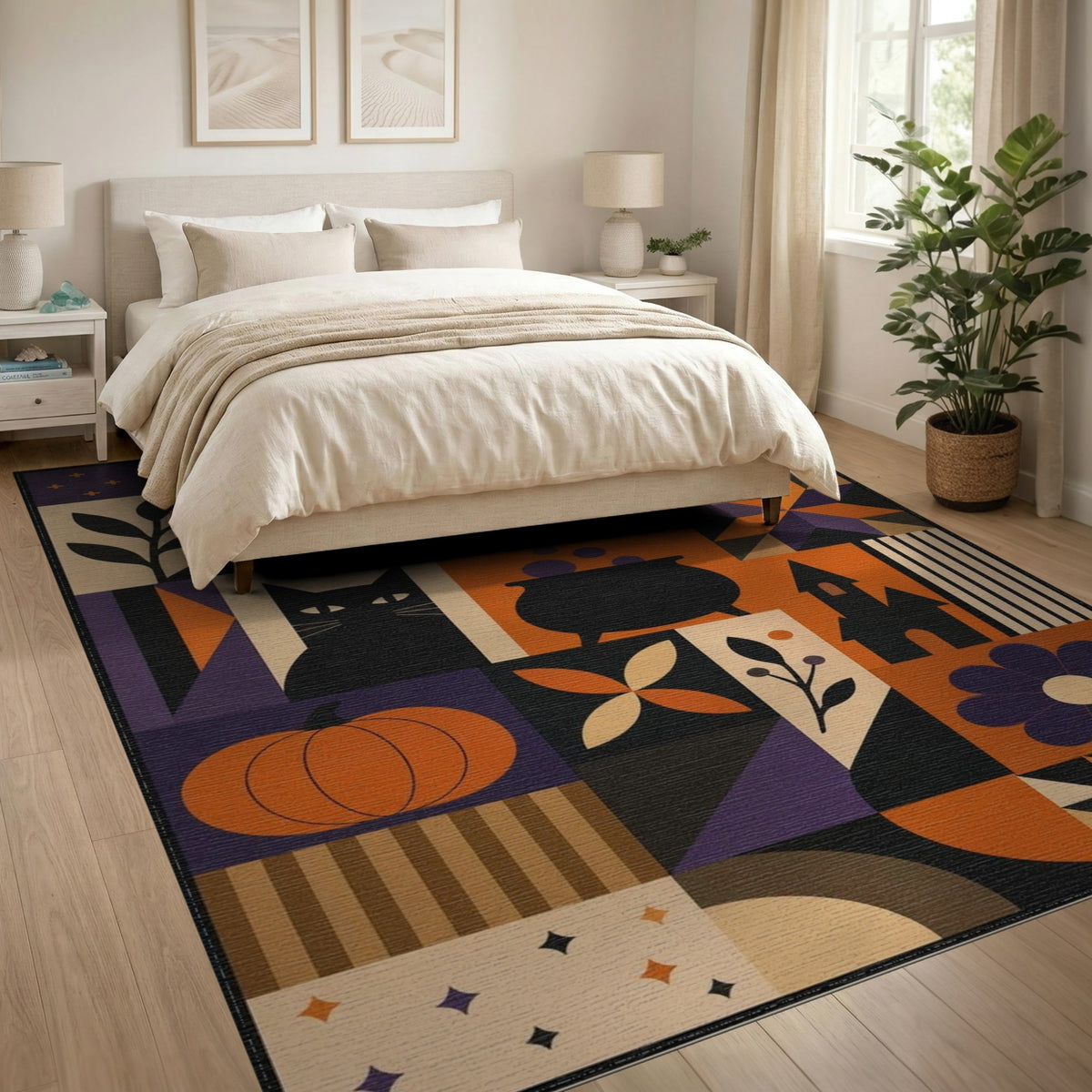 Halloween Geometric Black Cat Area Rug