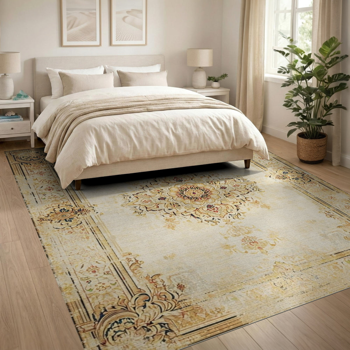 Beige and Neutral Distressed Beige Persian Medallion Area Rug